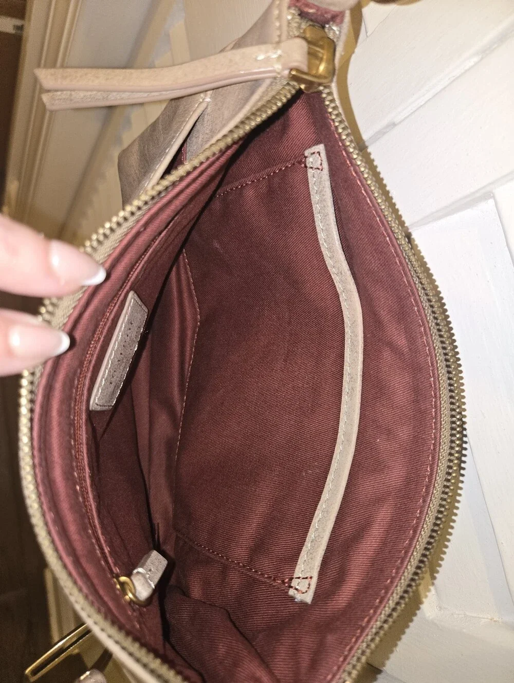 Margot New York Taupe Greige Genuine Leather Crossbody Bag Purse Equestrian Clip